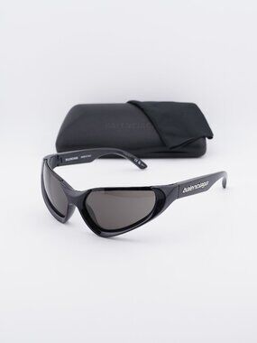 Balenciaga BB0202S 001 Unisex Geometric Sunglasses - Black / Grey